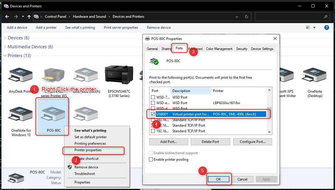 POS receipt print unable to print and drawer no respond after windows